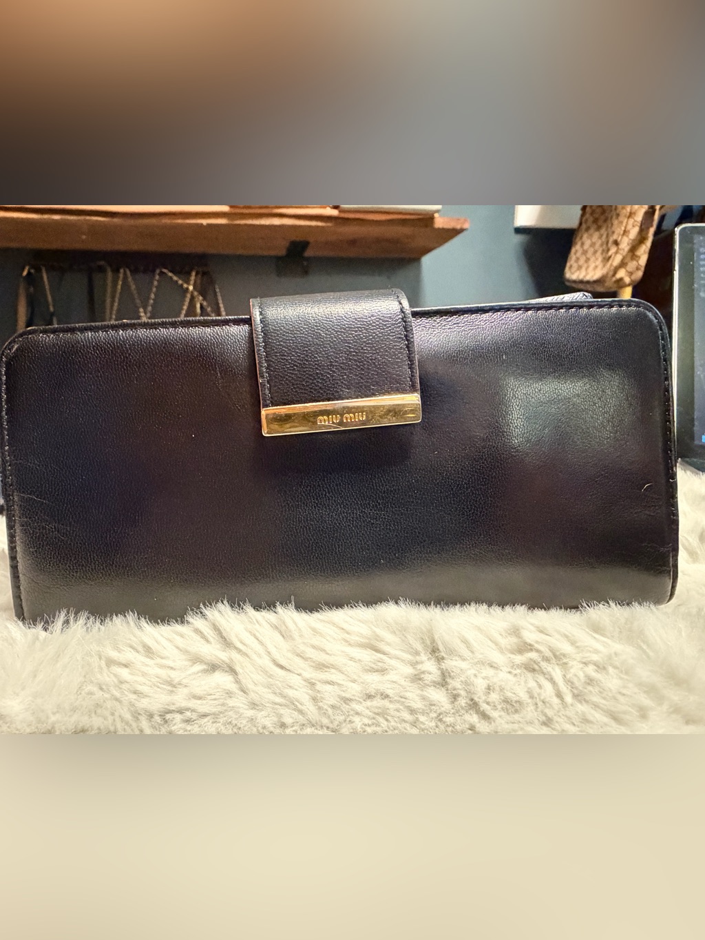 Miu Miu Black Leather Wallet With Gold-Tone Hardware And Pink Leather Interior